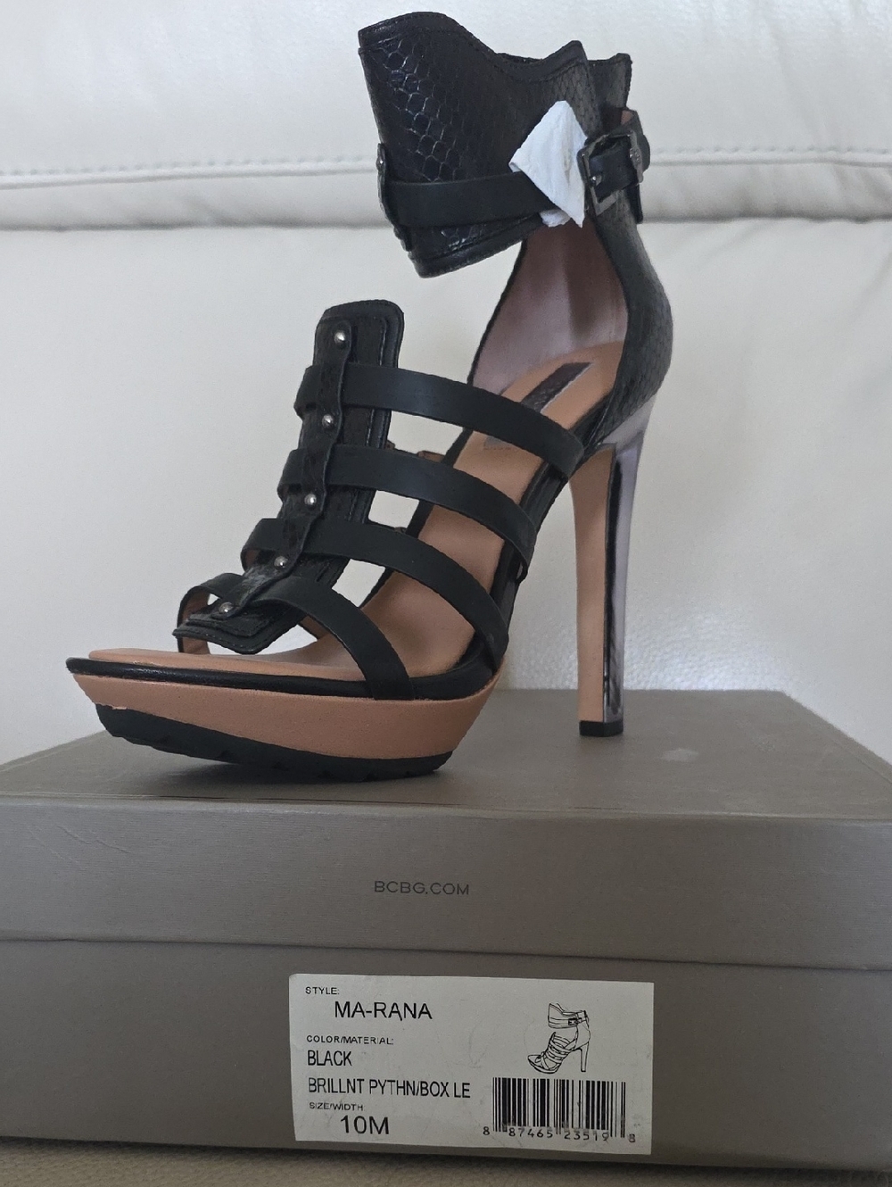 BCBG Black Strappy Python-Texture Ankle Cuff Stiletto Heels